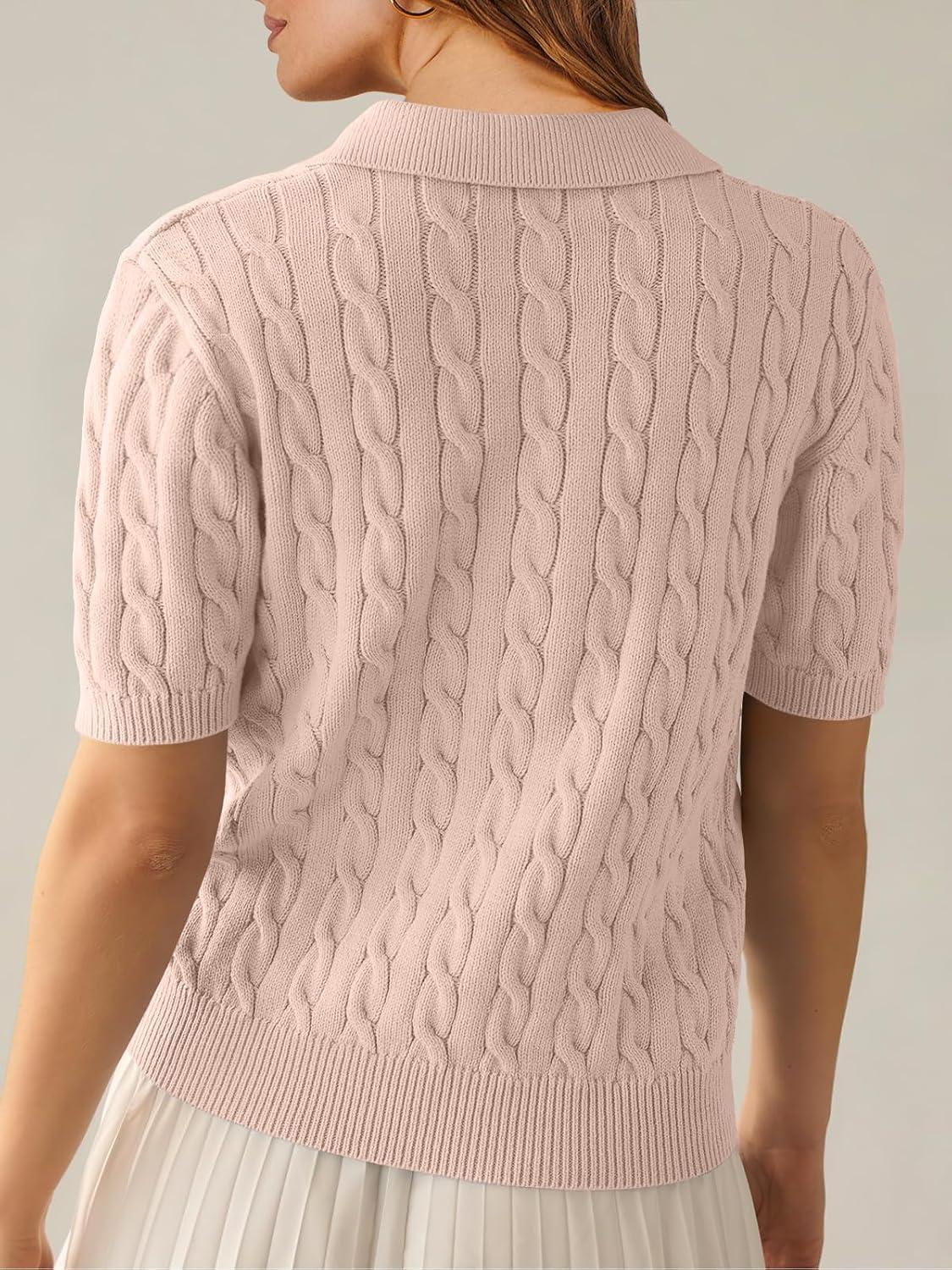 imageANRABESS Womens Short Sleeve Sweaters Tops Polo V Neck Cable Knit Casual Soft Pullover Shirts 2025 Summer OutfitsLight Brown