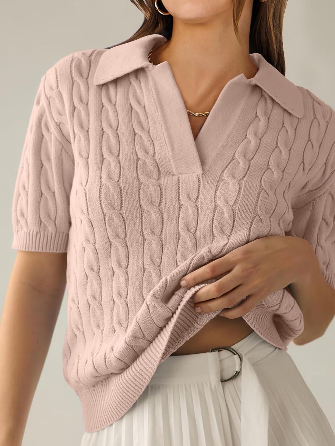 imageANRABESS Womens Short Sleeve Sweaters Tops Polo V Neck Cable Knit Casual Soft Pullover Shirts 2025 Summer OutfitsLight Brown