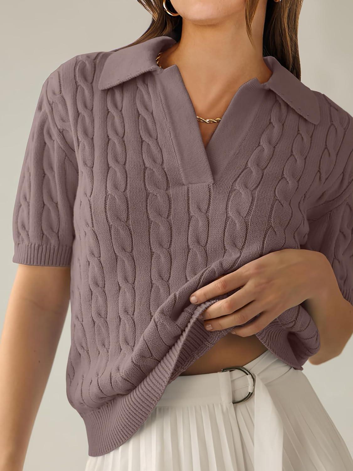 imageANRABESS Womens Short Sleeve Sweaters Tops Polo V Neck Cable Knit Casual Soft Pullover Shirts 2025 Summer OutfitsLight Coffee