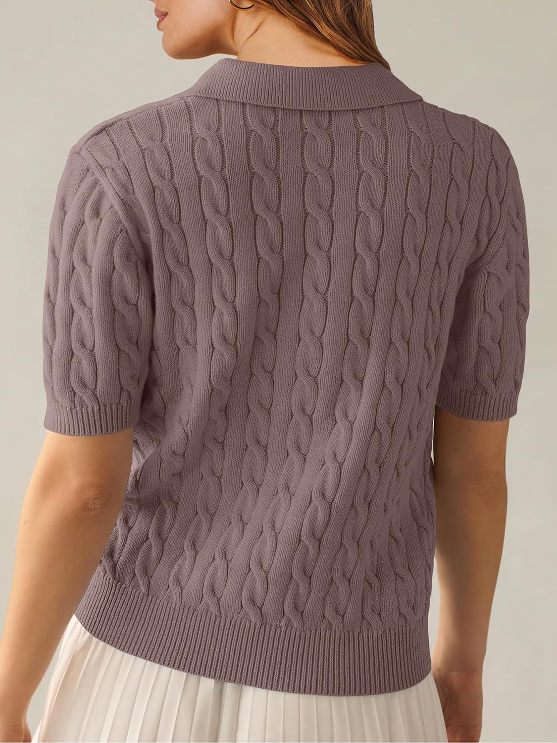 imageANRABESS Womens Short Sleeve Sweaters Tops Polo V Neck Cable Knit Casual Soft Pullover Shirts 2025 Summer OutfitsLight Coffee