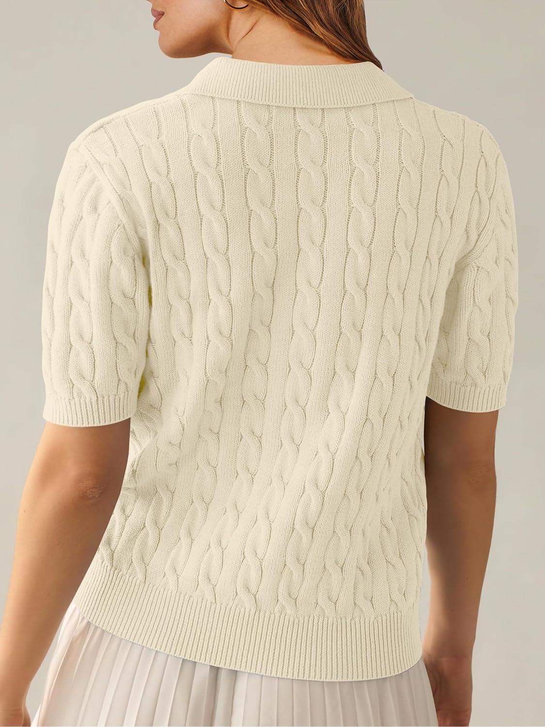 imageANRABESS Womens Short Sleeve Sweaters Tops Polo V Neck Cable Knit Casual Soft Pullover Shirts 2025 Summer OutfitsLight Yellow