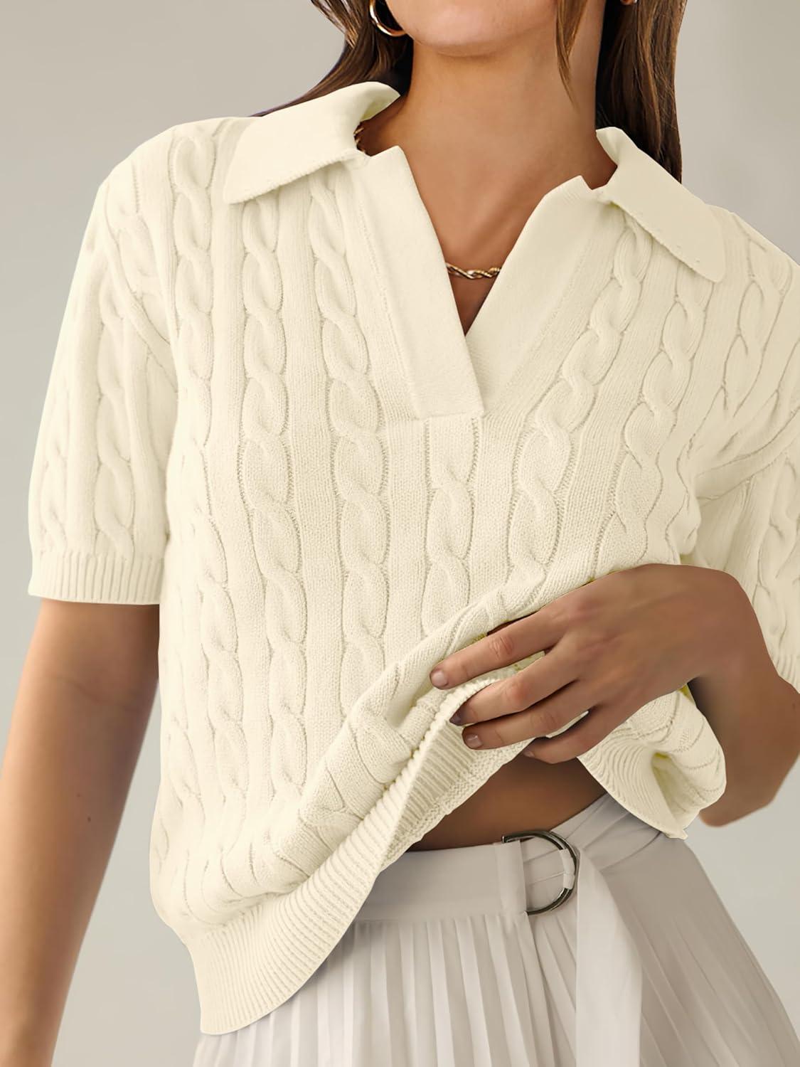 imageANRABESS Womens Short Sleeve Sweaters Tops Polo V Neck Cable Knit Casual Soft Pullover Shirts 2025 Summer OutfitsLight Yellow