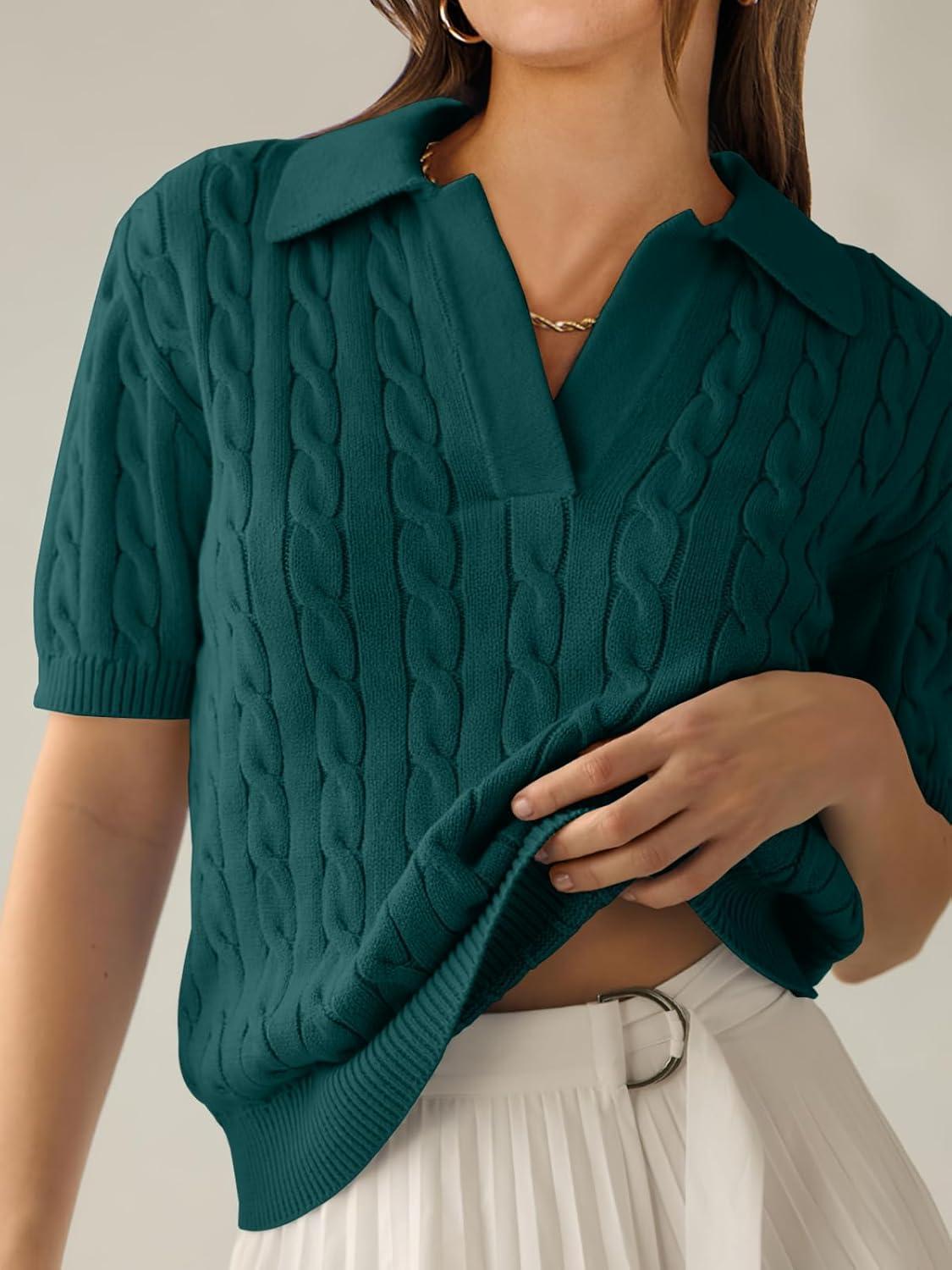 imageANRABESS Womens Short Sleeve Sweaters Tops Polo V Neck Cable Knit Casual Soft Pullover Shirts 2025 Summer OutfitsOpal Green