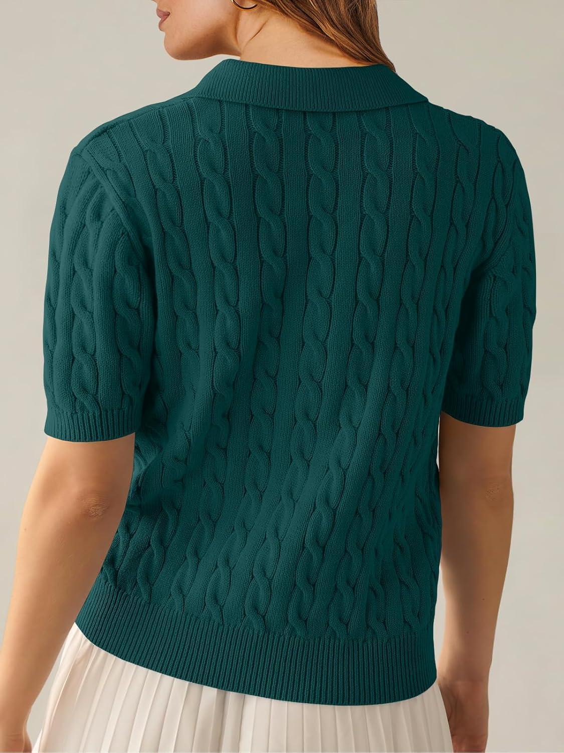 imageANRABESS Womens Short Sleeve Sweaters Tops Polo V Neck Cable Knit Casual Soft Pullover Shirts 2025 Summer OutfitsOpal Green