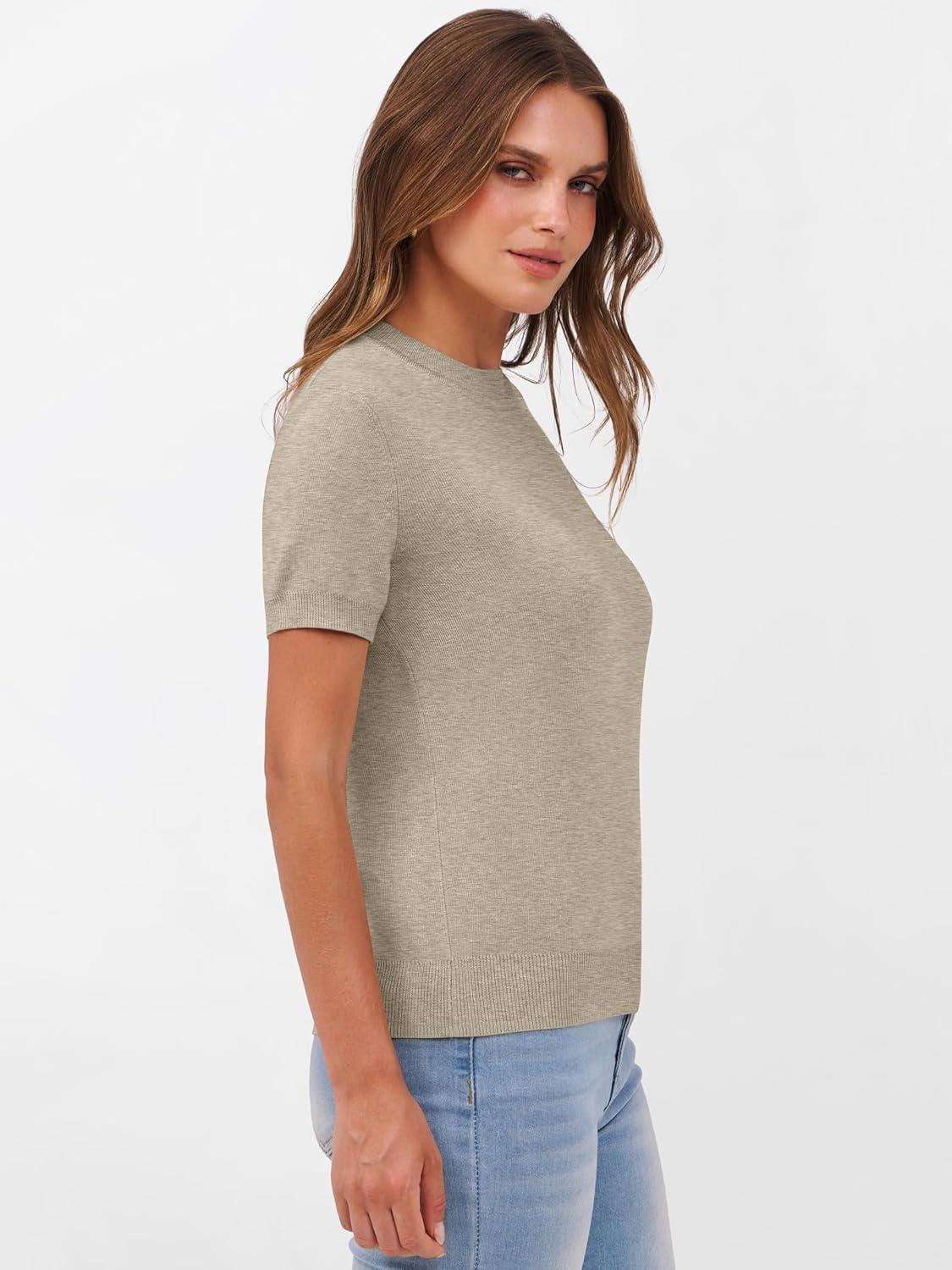 imageANRABESS Womens Short Sleeve Sweaters Wool Blend Crew Neck Sweater Shirts Business Casual Work Tops 2025 Summer OutfitsAlmond