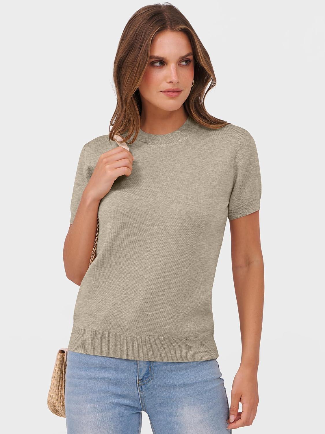 imageANRABESS Womens Short Sleeve Sweaters Wool Blend Crew Neck Sweater Shirts Business Casual Work Tops 2025 Summer OutfitsAlmond