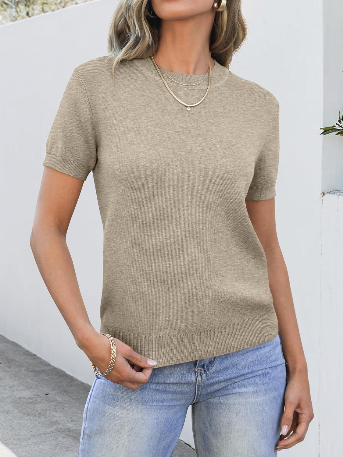 imageANRABESS Womens Short Sleeve Sweaters Wool Blend Crew Neck Sweater Shirts Business Casual Work Tops 2025 Summer OutfitsAlmond