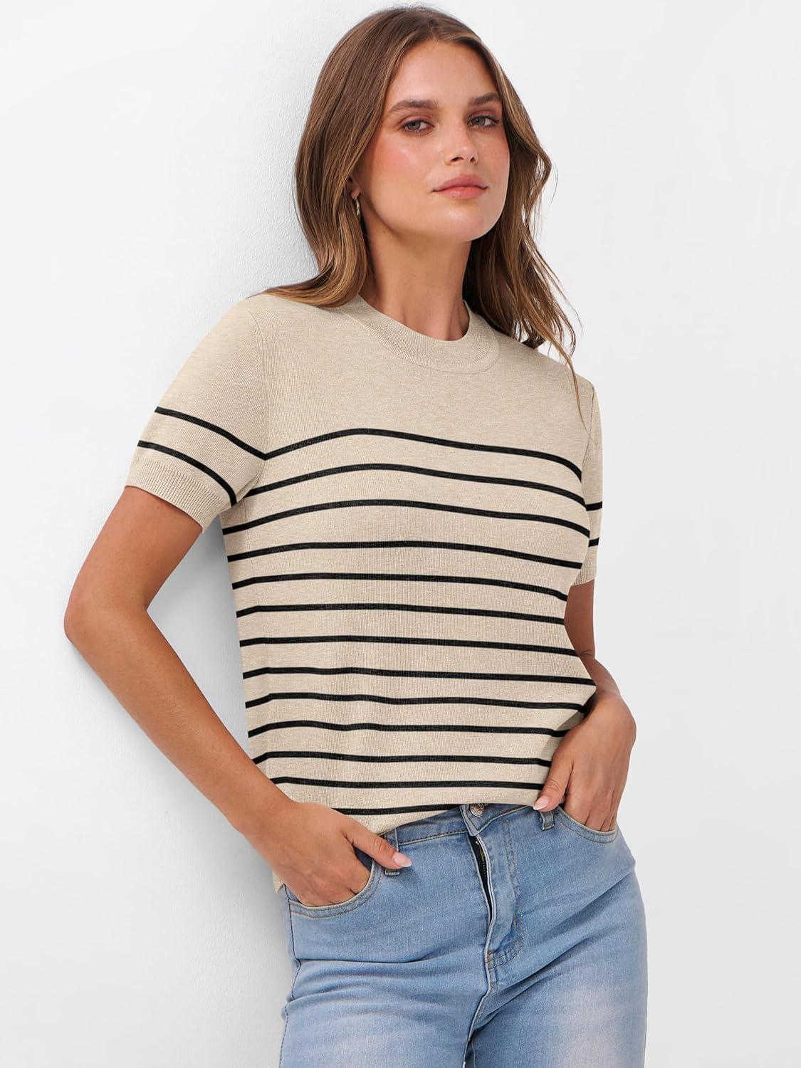 imageANRABESS Womens Short Sleeve Sweaters Wool Blend Crew Neck Sweater Shirts Business Casual Work Tops 2025 Summer OutfitsBeige Black Stripe