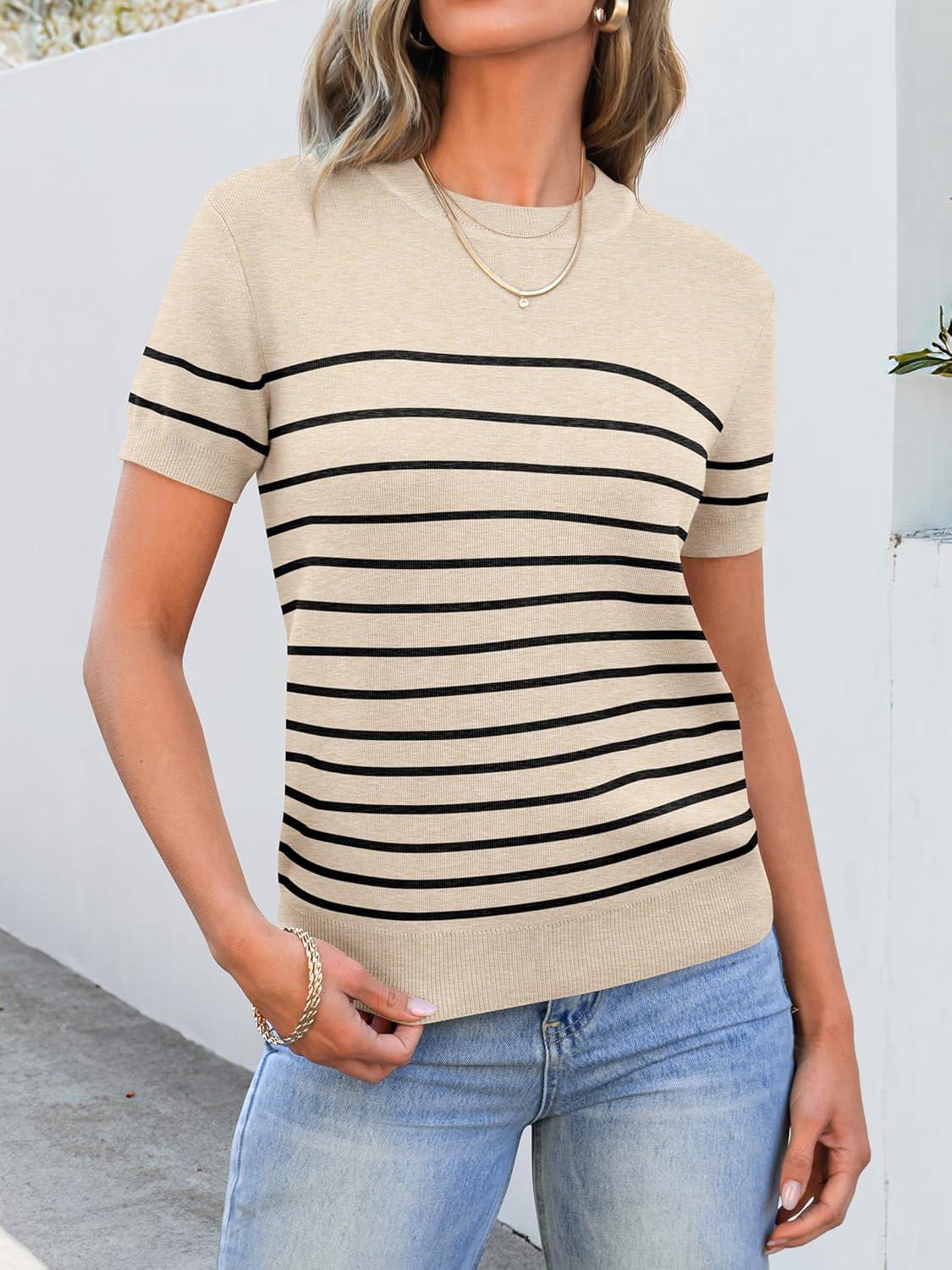 imageANRABESS Womens Short Sleeve Sweaters Wool Blend Crew Neck Sweater Shirts Business Casual Work Tops 2025 Summer OutfitsBeige Black Stripe