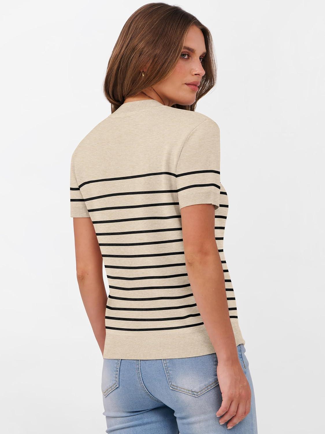 imageANRABESS Womens Short Sleeve Sweaters Wool Blend Crew Neck Sweater Shirts Business Casual Work Tops 2025 Summer OutfitsBeige Black Stripe