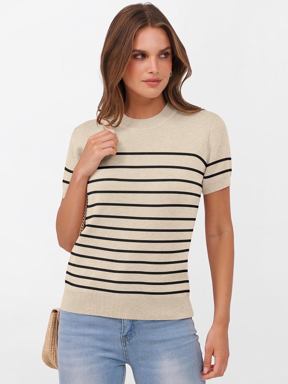 imageANRABESS Womens Short Sleeve Sweaters Wool Blend Crew Neck Sweater Shirts Business Casual Work Tops 2025 Summer OutfitsBeige Black Stripe