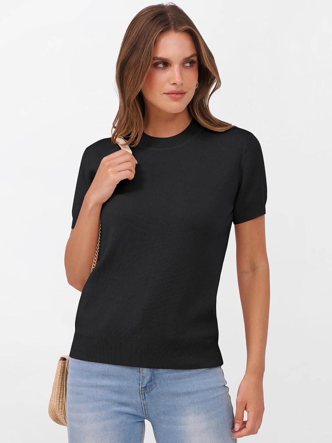 imageANRABESS Womens Short Sleeve Sweaters Wool Blend Crew Neck Sweater Shirts Business Casual Work Tops 2025 Summer OutfitsBlack