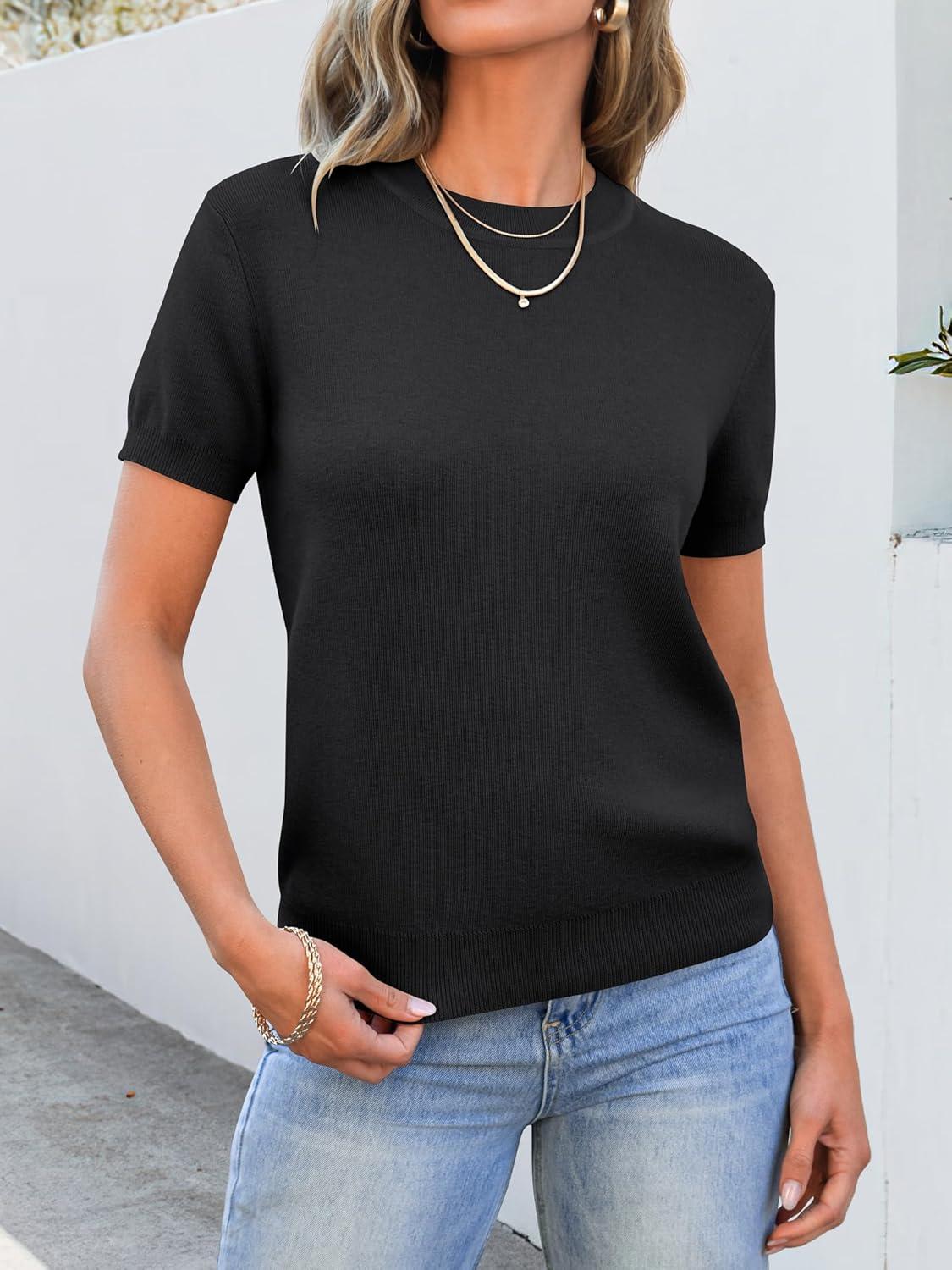 imageANRABESS Womens Short Sleeve Sweaters Wool Blend Crew Neck Sweater Shirts Business Casual Work Tops 2025 Summer OutfitsBlack