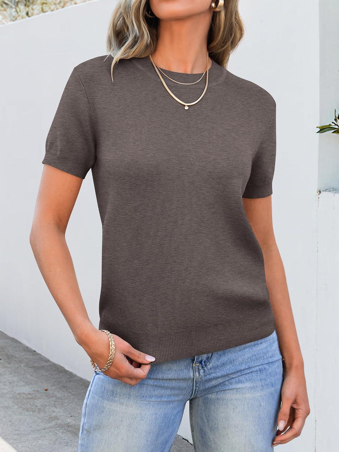 imageANRABESS Womens Short Sleeve Sweaters Wool Blend Crew Neck Sweater Shirts Business Casual Work Tops 2025 Summer OutfitsCoffee