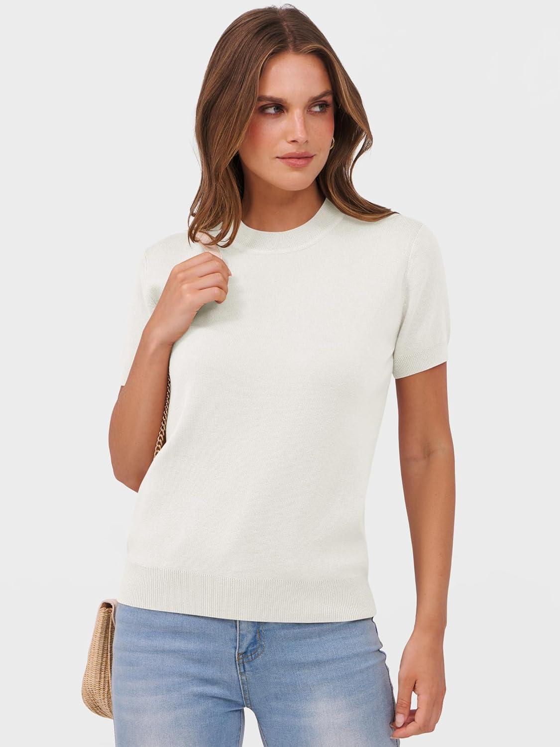 imageANRABESS Womens Short Sleeve Sweaters Wool Blend Crew Neck Sweater Shirts Business Casual Work Tops 2025 Summer OutfitsCream White