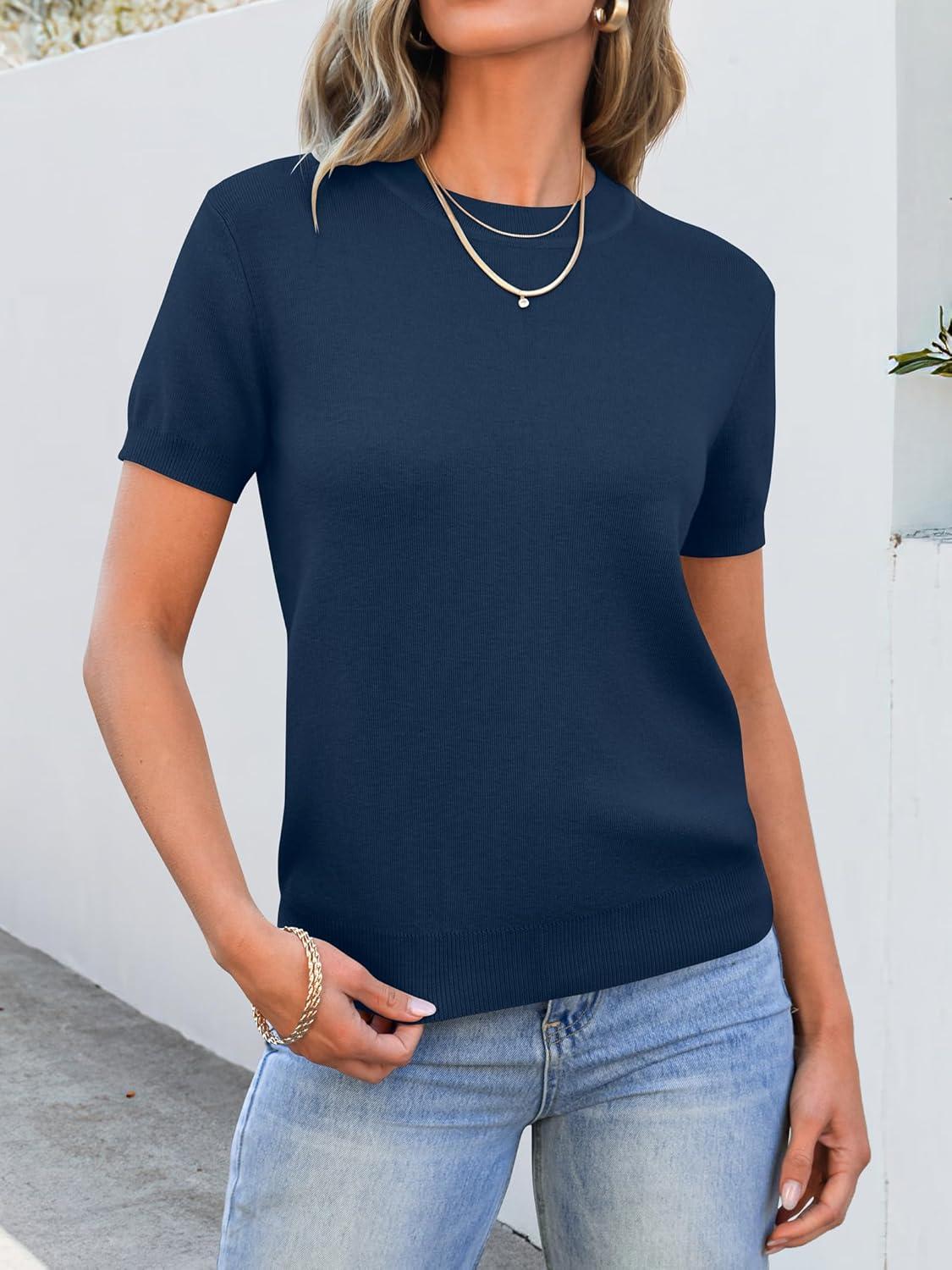 imageANRABESS Womens Short Sleeve Sweaters Wool Blend Crew Neck Sweater Shirts Business Casual Work Tops 2025 Summer OutfitsDeep Blue