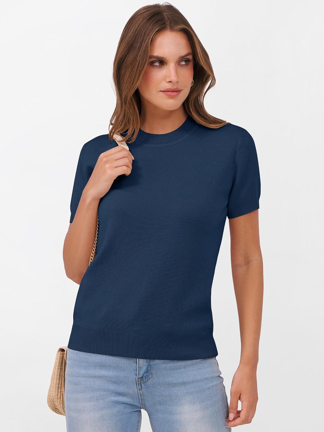 imageANRABESS Womens Short Sleeve Sweaters Wool Blend Crew Neck Sweater Shirts Business Casual Work Tops 2025 Summer OutfitsDeep Blue