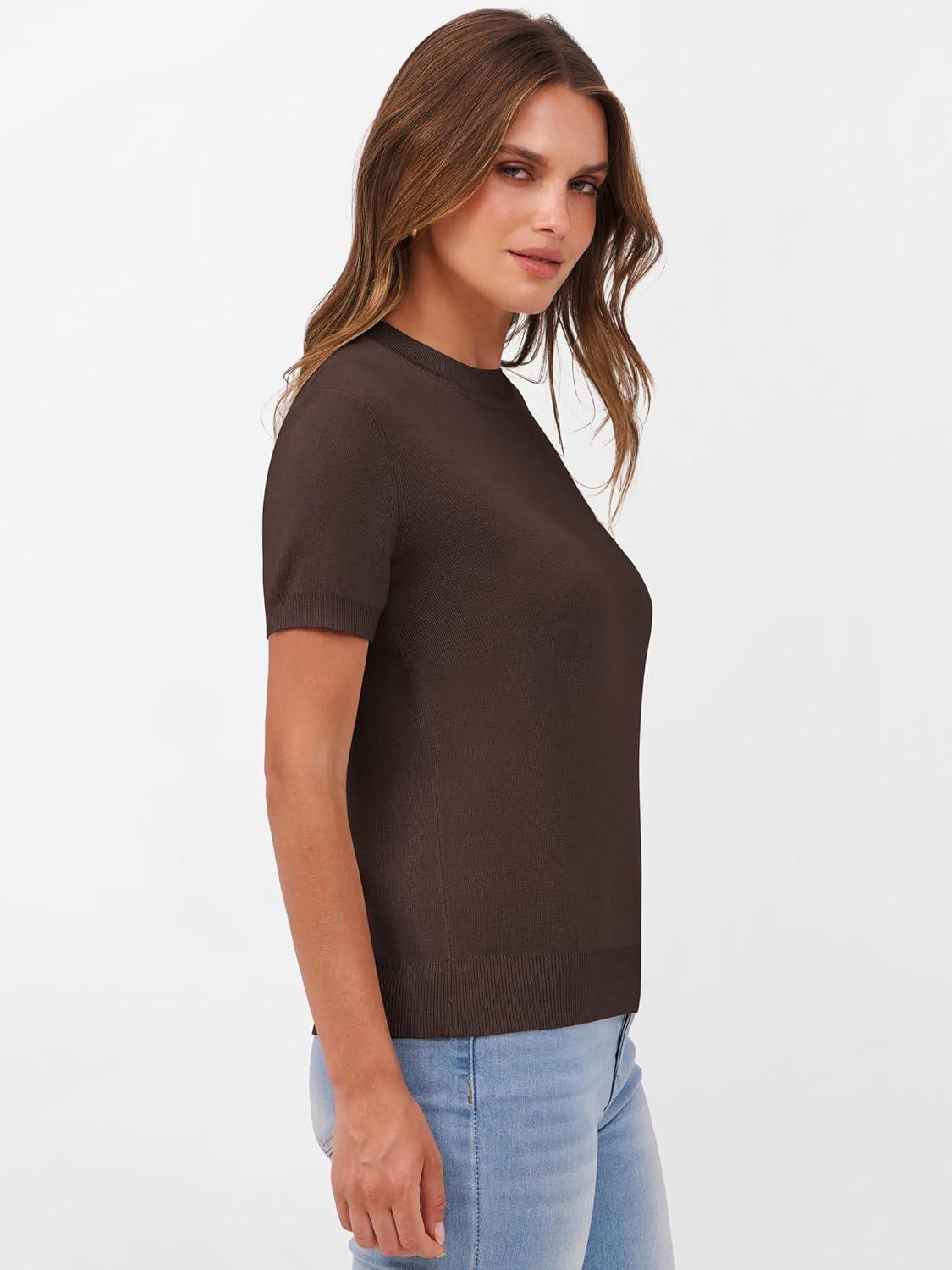 imageANRABESS Womens Short Sleeve Sweaters Wool Blend Crew Neck Sweater Shirts Business Casual Work Tops 2025 Summer OutfitsDeep Brown