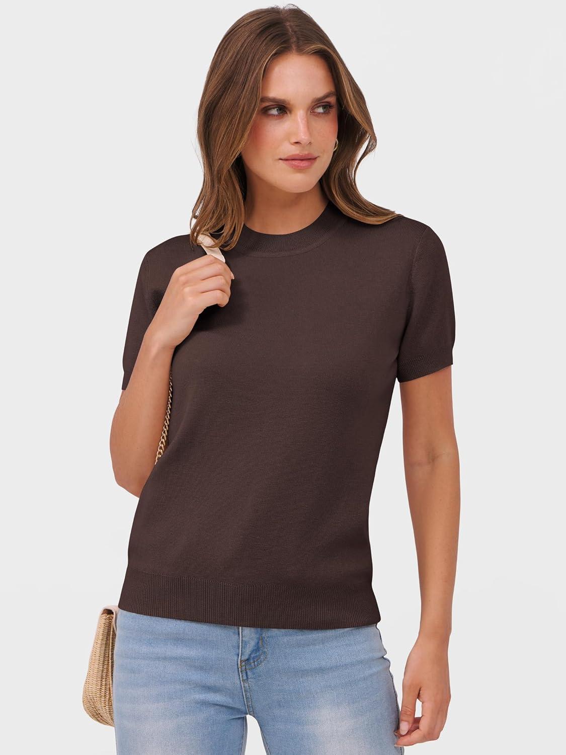 imageANRABESS Womens Short Sleeve Sweaters Wool Blend Crew Neck Sweater Shirts Business Casual Work Tops 2025 Summer OutfitsDeep Brown