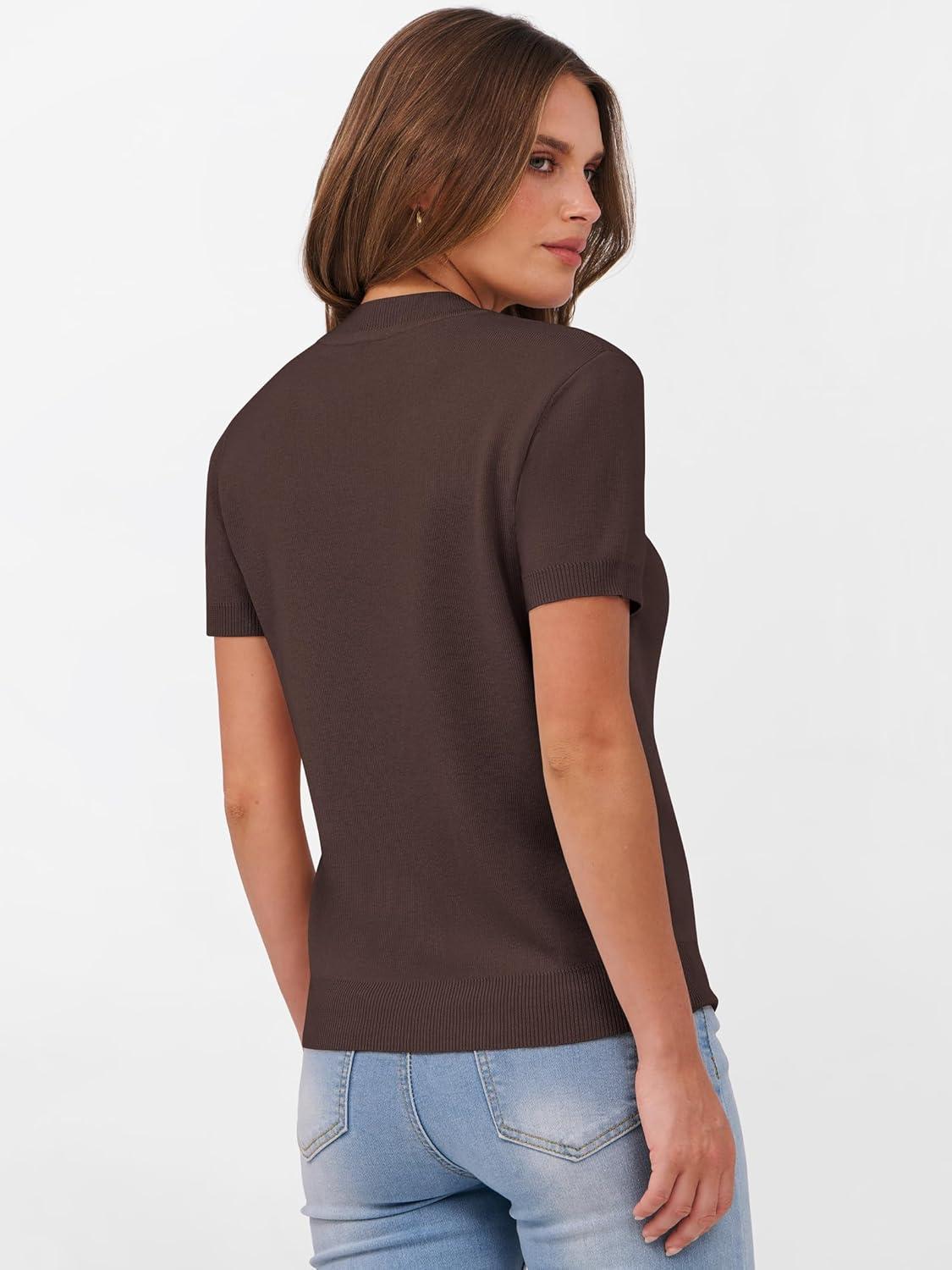 imageANRABESS Womens Short Sleeve Sweaters Wool Blend Crew Neck Sweater Shirts Business Casual Work Tops 2025 Summer OutfitsDeep Brown