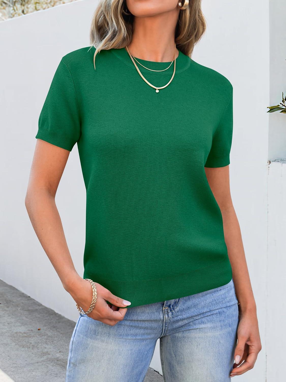 imageANRABESS Womens Short Sleeve Sweaters Wool Blend Crew Neck Sweater Shirts Business Casual Work Tops 2025 Summer OutfitsDeep Green