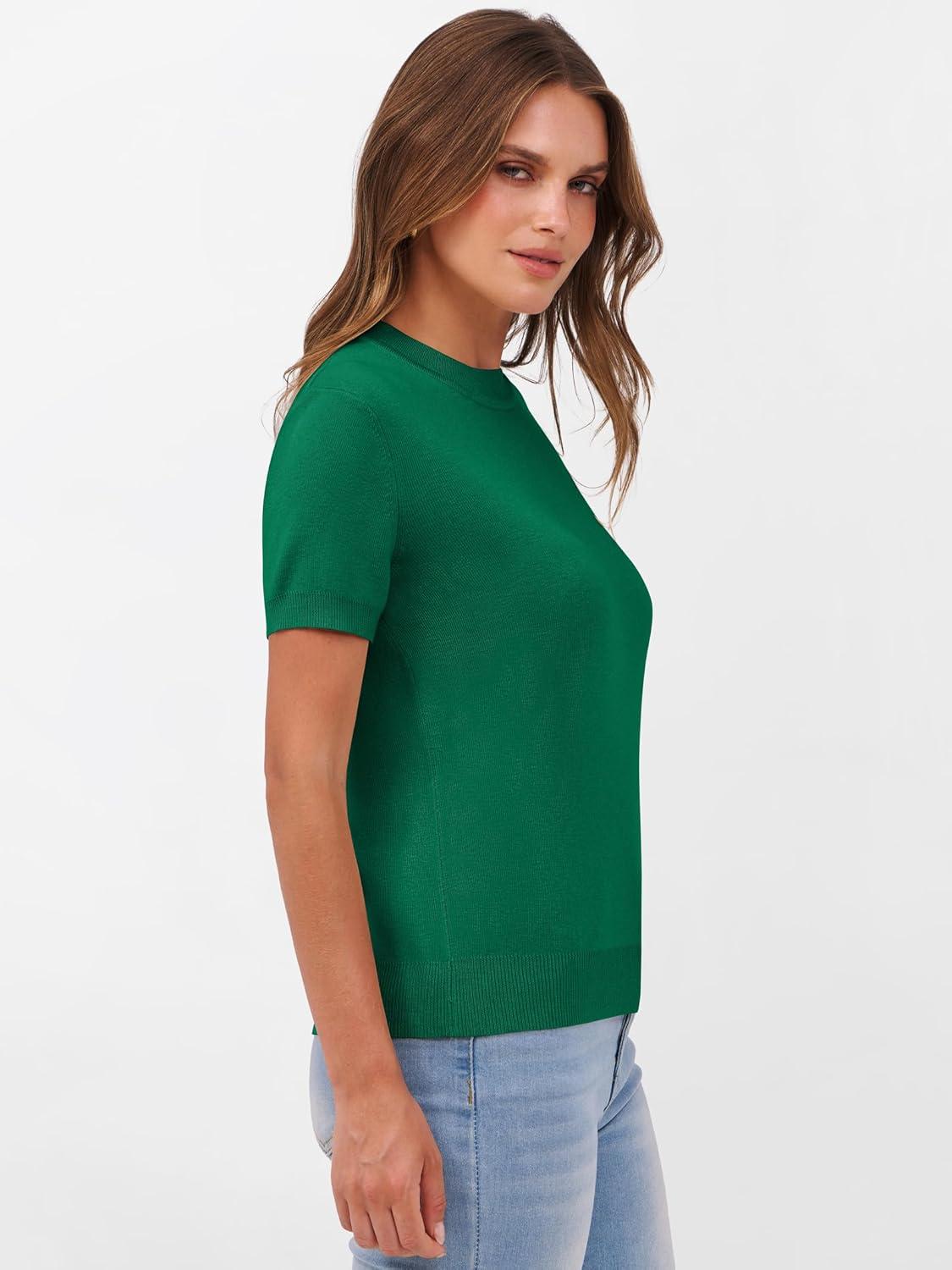 imageANRABESS Womens Short Sleeve Sweaters Wool Blend Crew Neck Sweater Shirts Business Casual Work Tops 2025 Summer OutfitsDeep Green