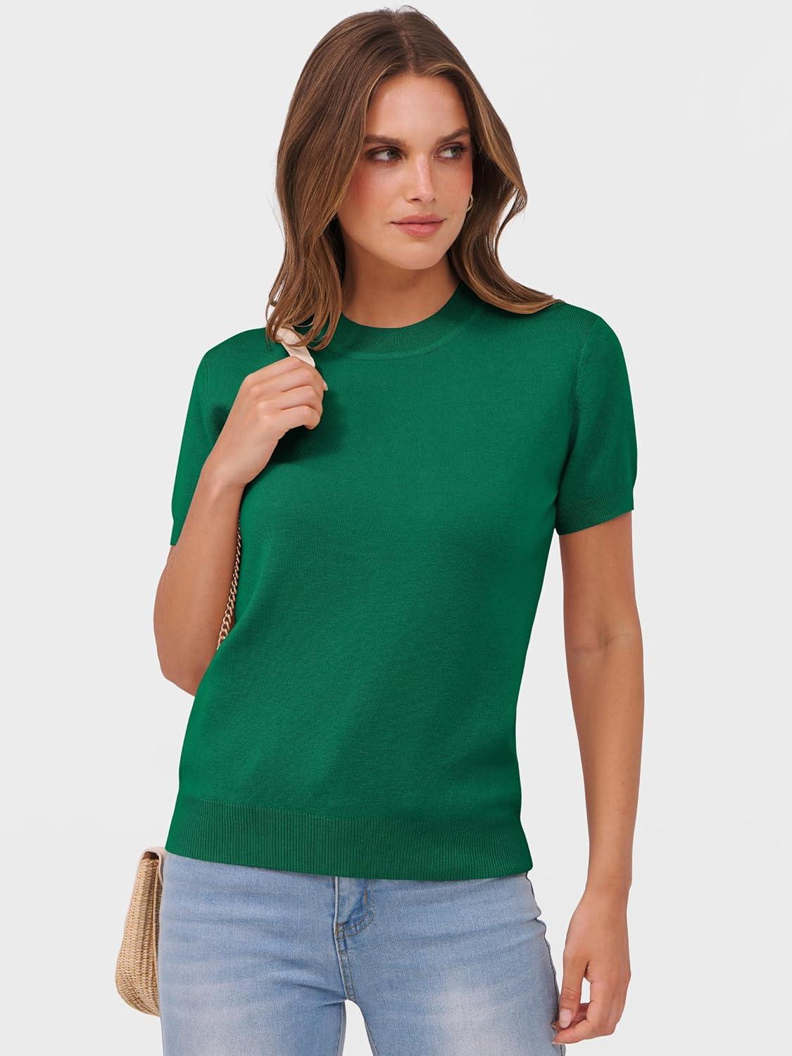 imageANRABESS Womens Short Sleeve Sweaters Wool Blend Crew Neck Sweater Shirts Business Casual Work Tops 2025 Summer OutfitsDeep Green