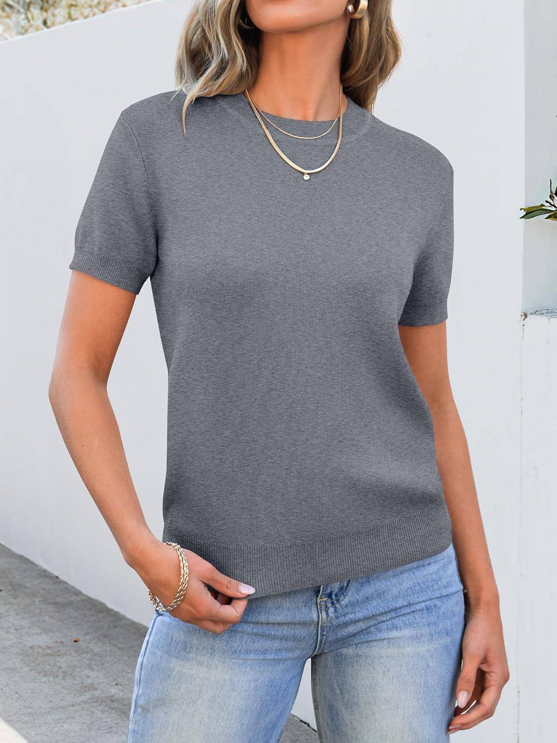 imageANRABESS Womens Short Sleeve Sweaters Wool Blend Crew Neck Sweater Shirts Business Casual Work Tops 2025 Summer OutfitsDeep Grey