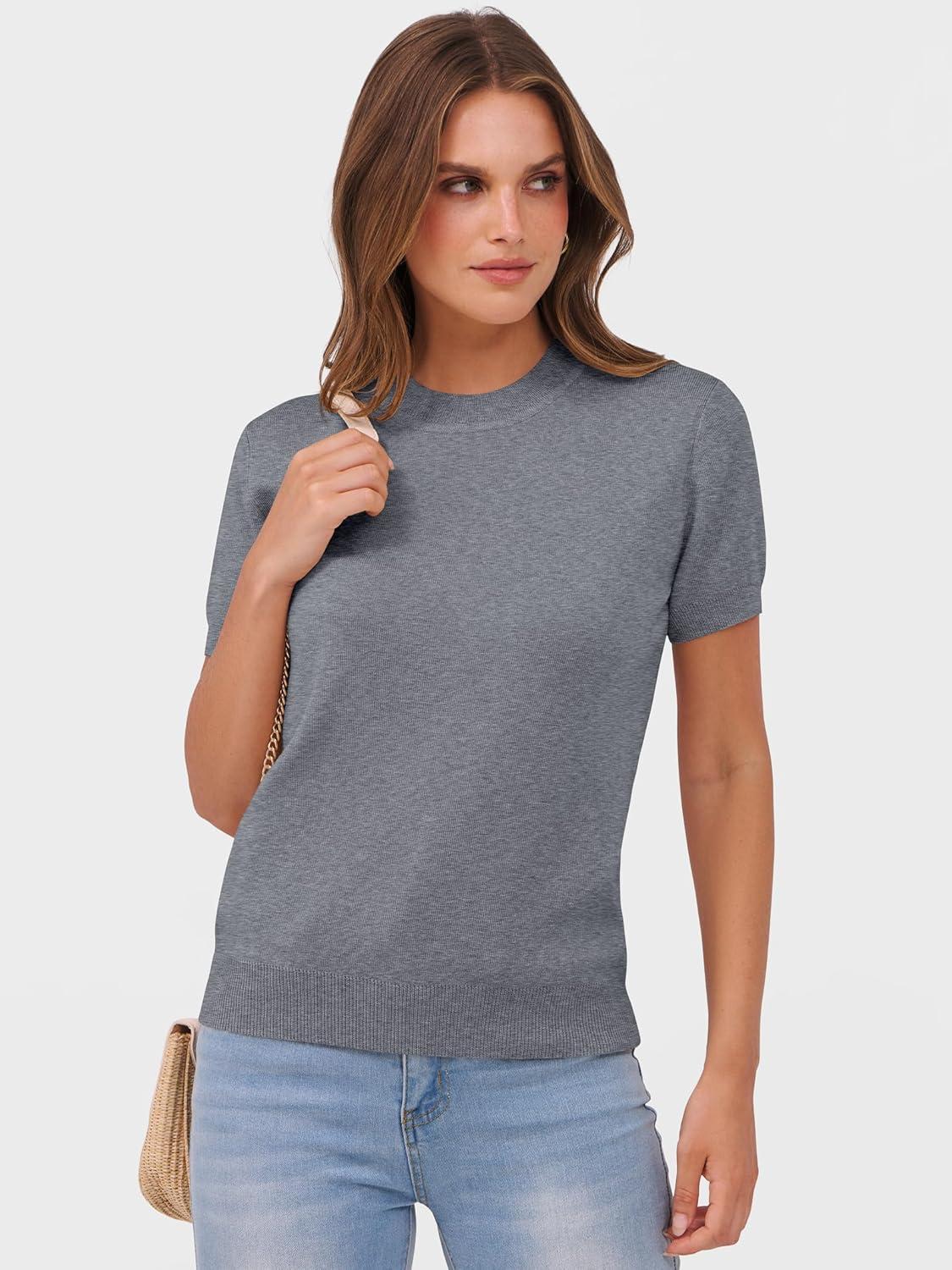 imageANRABESS Womens Short Sleeve Sweaters Wool Blend Crew Neck Sweater Shirts Business Casual Work Tops 2025 Summer OutfitsDeep Grey