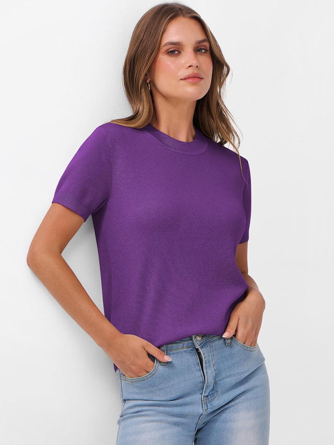 imageANRABESS Womens Short Sleeve Sweaters Wool Blend Crew Neck Sweater Shirts Business Casual Work Tops 2025 Summer OutfitsDeep Purple