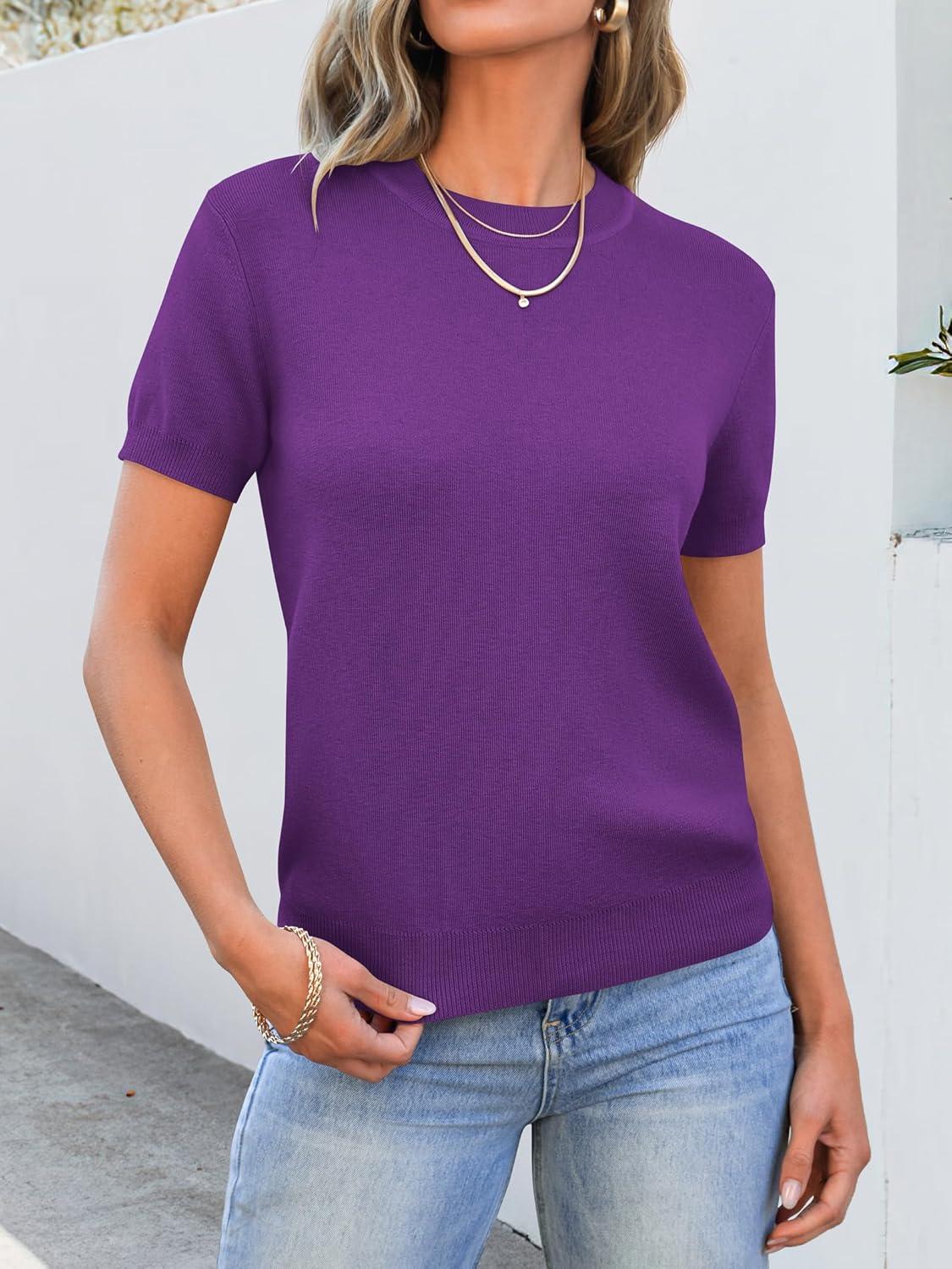 imageANRABESS Womens Short Sleeve Sweaters Wool Blend Crew Neck Sweater Shirts Business Casual Work Tops 2025 Summer OutfitsDeep Purple