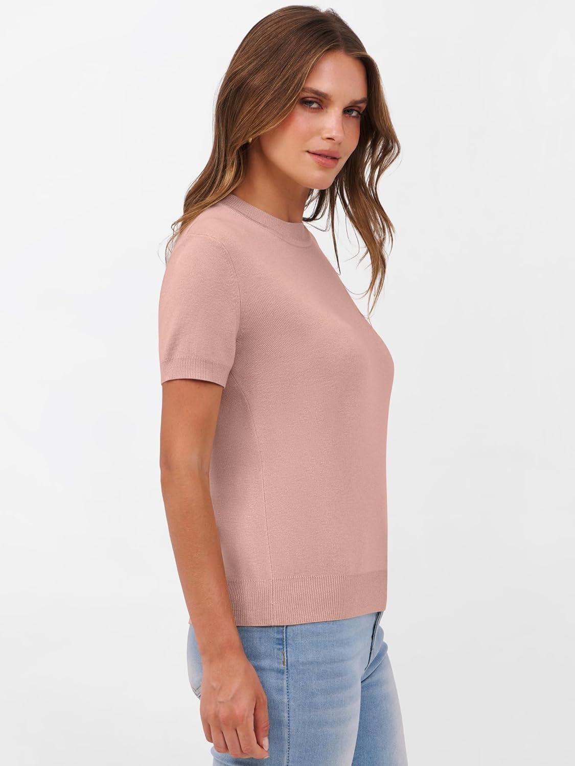 imageANRABESS Womens Short Sleeve Sweaters Wool Blend Crew Neck Sweater Shirts Business Casual Work Tops 2025 Summer OutfitsFlesh Pink