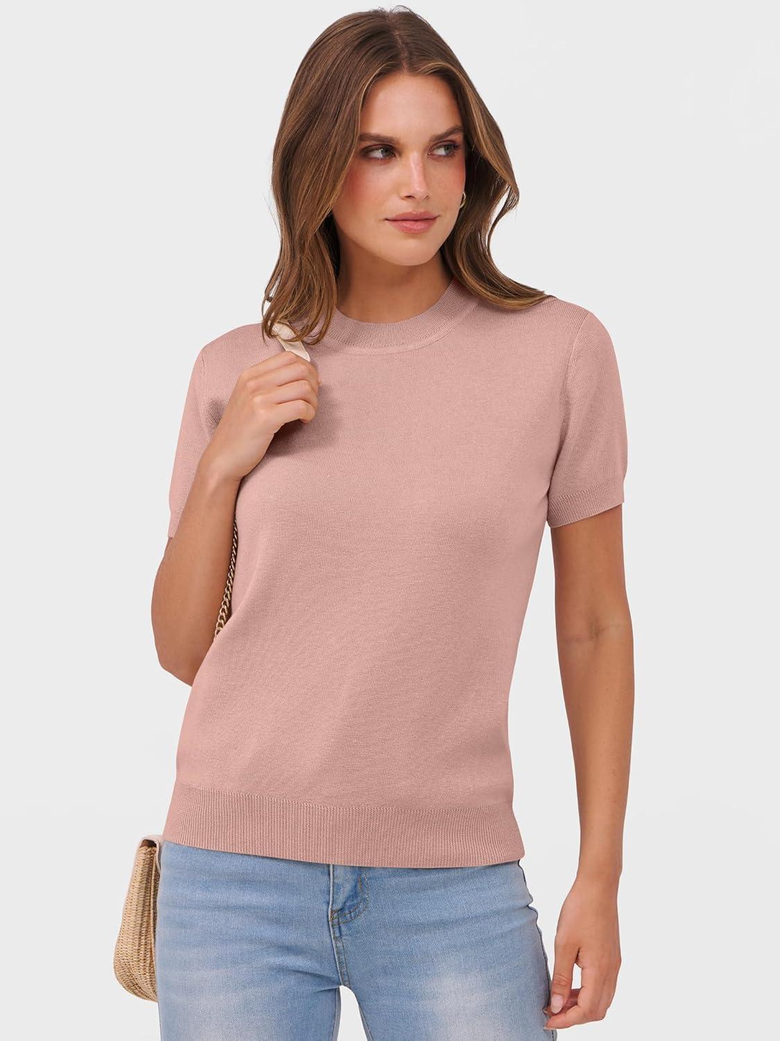imageANRABESS Womens Short Sleeve Sweaters Wool Blend Crew Neck Sweater Shirts Business Casual Work Tops 2025 Summer OutfitsFlesh Pink