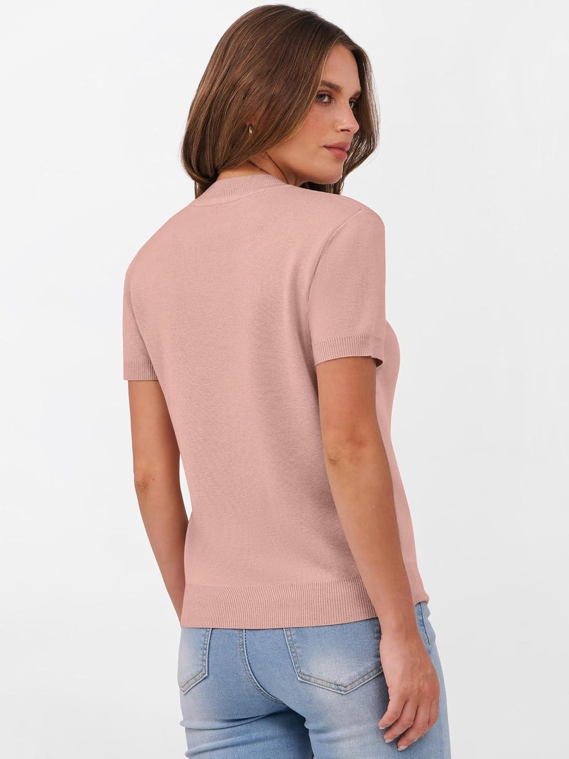 imageANRABESS Womens Short Sleeve Sweaters Wool Blend Crew Neck Sweater Shirts Business Casual Work Tops 2025 Summer OutfitsFlesh Pink