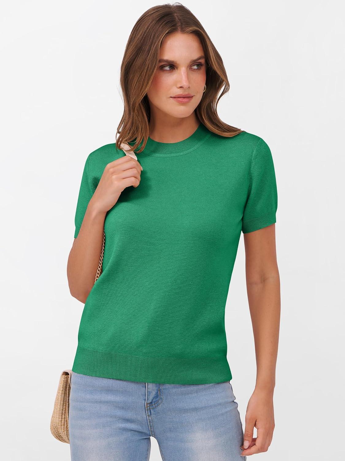 imageANRABESS Womens Short Sleeve Sweaters Wool Blend Crew Neck Sweater Shirts Business Casual Work Tops 2025 Summer OutfitsGreen