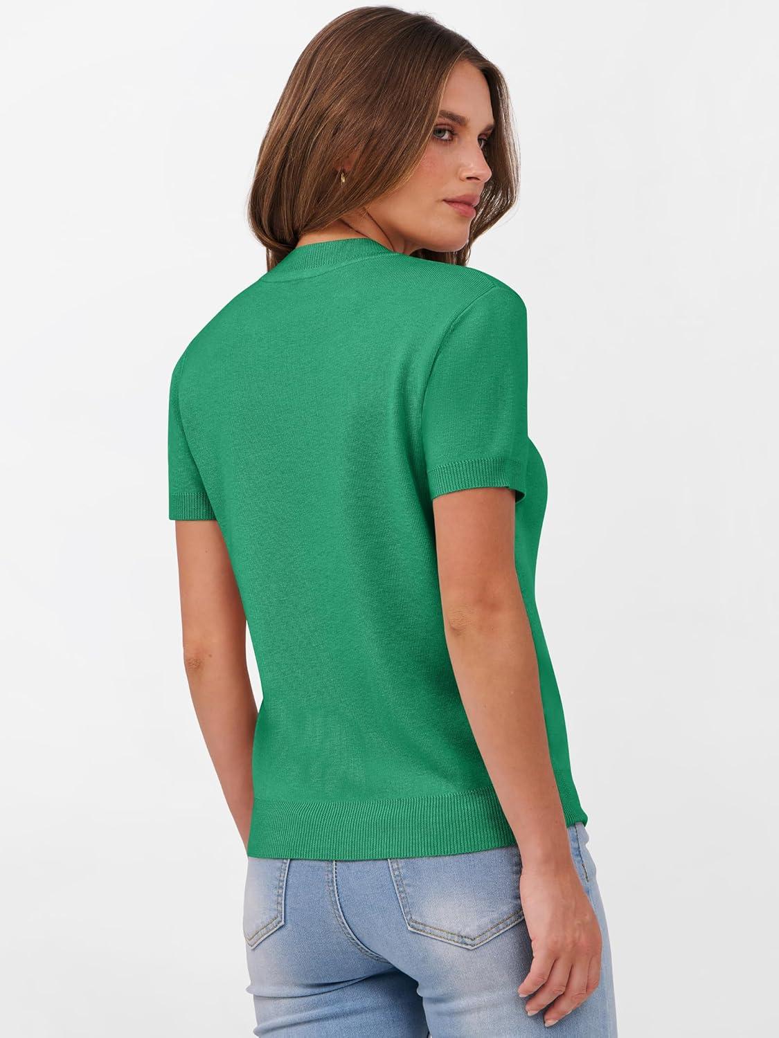 imageANRABESS Womens Short Sleeve Sweaters Wool Blend Crew Neck Sweater Shirts Business Casual Work Tops 2025 Summer OutfitsGreen