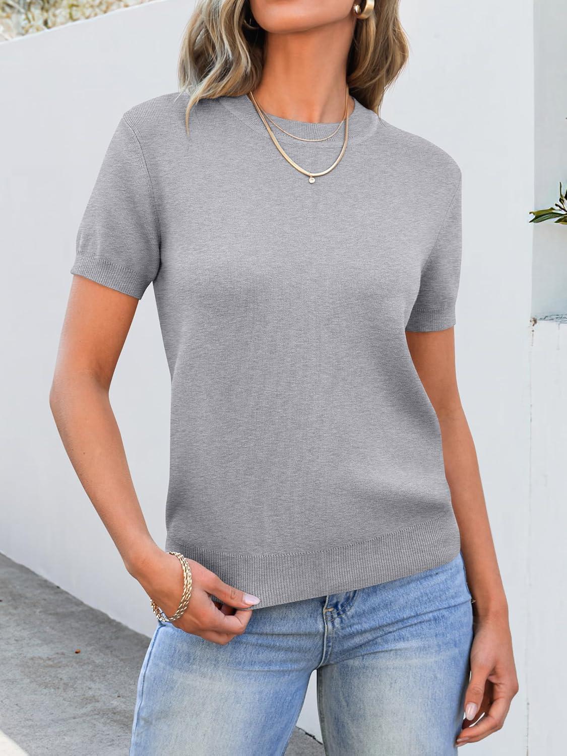 imageANRABESS Womens Short Sleeve Sweaters Wool Blend Crew Neck Sweater Shirts Business Casual Work Tops 2025 Summer OutfitsGrey