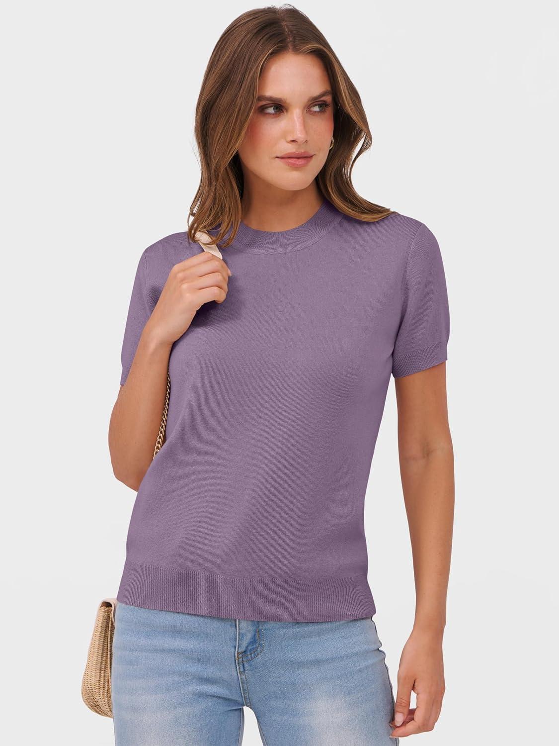 imageANRABESS Womens Short Sleeve Sweaters Wool Blend Crew Neck Sweater Shirts Business Casual Work Tops 2025 Summer OutfitsGrey Purple