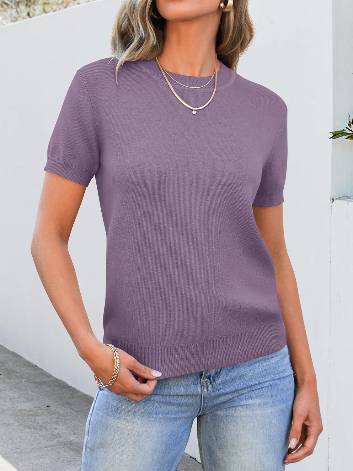 imageANRABESS Womens Short Sleeve Sweaters Wool Blend Crew Neck Sweater Shirts Business Casual Work Tops 2025 Summer OutfitsGrey Purple