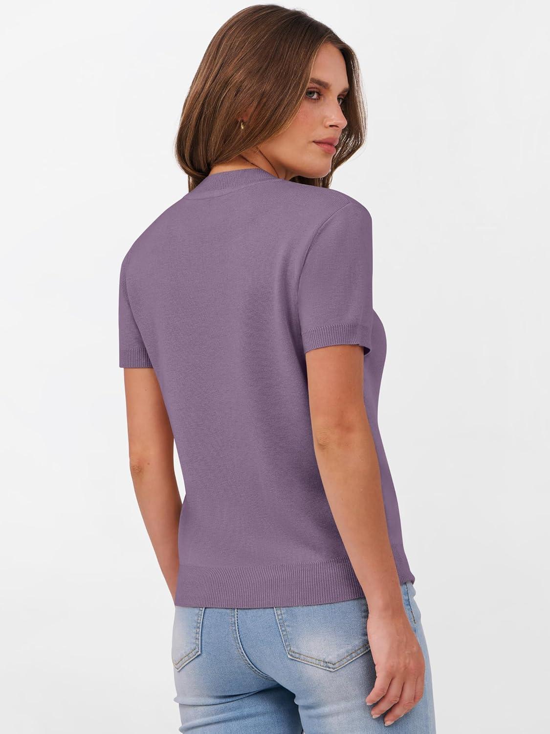 imageANRABESS Womens Short Sleeve Sweaters Wool Blend Crew Neck Sweater Shirts Business Casual Work Tops 2025 Summer OutfitsGrey Purple