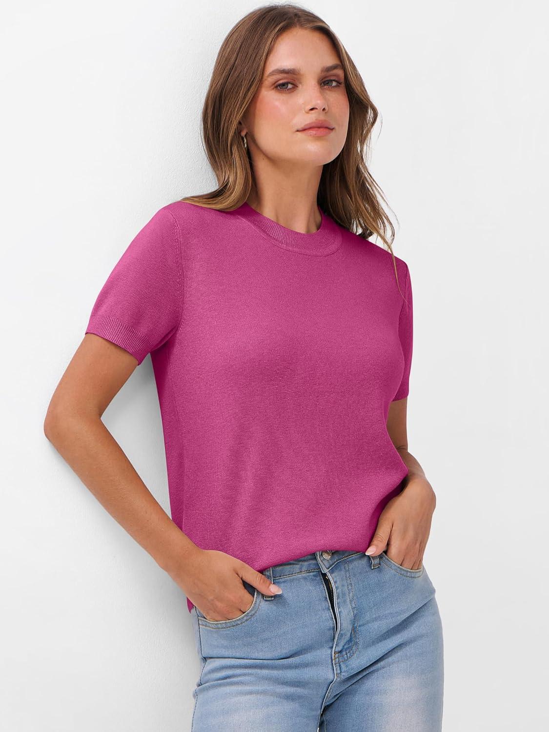 imageANRABESS Womens Short Sleeve Sweaters Wool Blend Crew Neck Sweater Shirts Business Casual Work Tops 2025 Summer OutfitsHot Pink