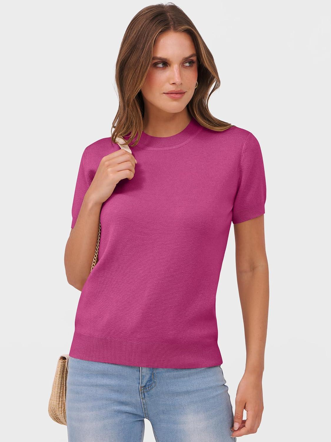 imageANRABESS Womens Short Sleeve Sweaters Wool Blend Crew Neck Sweater Shirts Business Casual Work Tops 2025 Summer OutfitsHot Pink