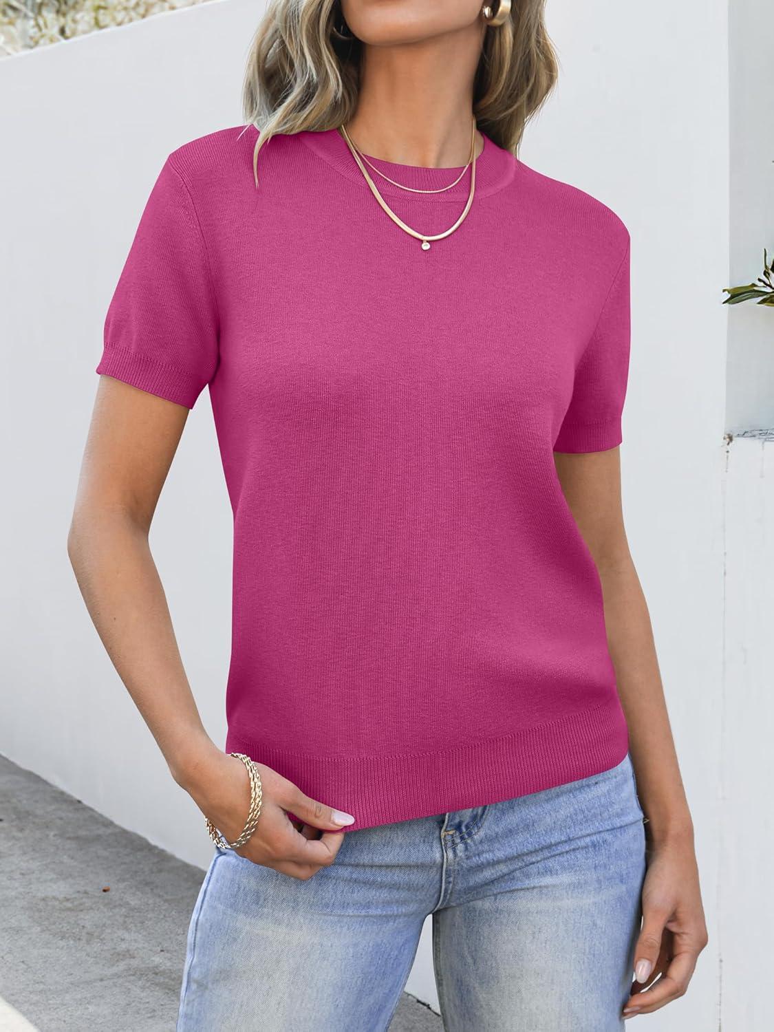 imageANRABESS Womens Short Sleeve Sweaters Wool Blend Crew Neck Sweater Shirts Business Casual Work Tops 2025 Summer OutfitsHot Pink
