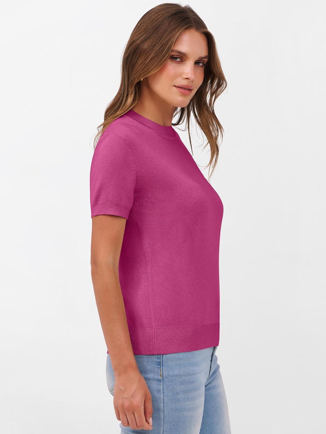 imageANRABESS Womens Short Sleeve Sweaters Wool Blend Crew Neck Sweater Shirts Business Casual Work Tops 2025 Summer OutfitsHot Pink