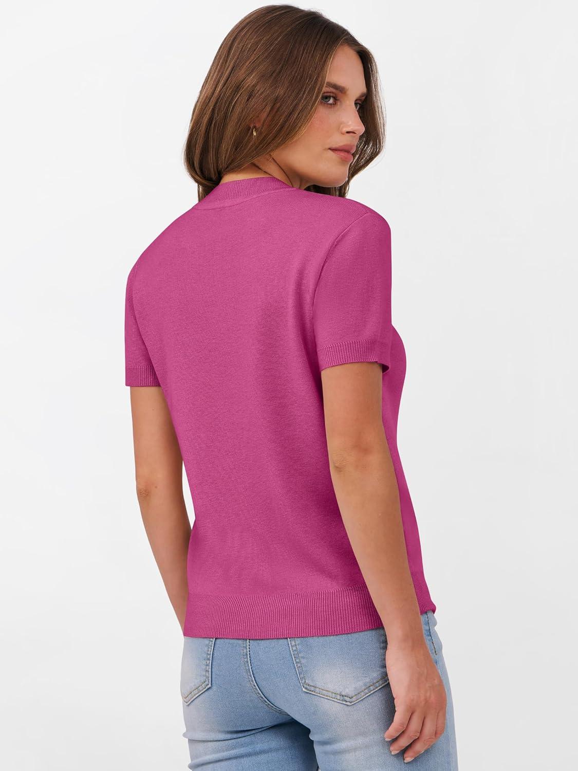 imageANRABESS Womens Short Sleeve Sweaters Wool Blend Crew Neck Sweater Shirts Business Casual Work Tops 2025 Summer OutfitsHot Pink