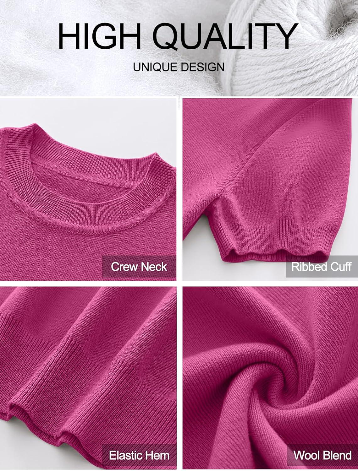 imageANRABESS Womens Short Sleeve Sweaters Wool Blend Crew Neck Sweater Shirts Business Casual Work Tops 2025 Summer OutfitsHot Pink