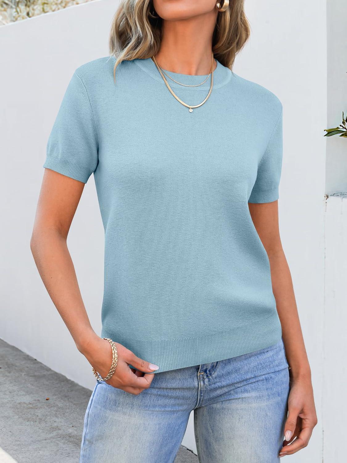 imageANRABESS Womens Short Sleeve Sweaters Wool Blend Crew Neck Sweater Shirts Business Casual Work Tops 2025 Summer OutfitsLight Blue