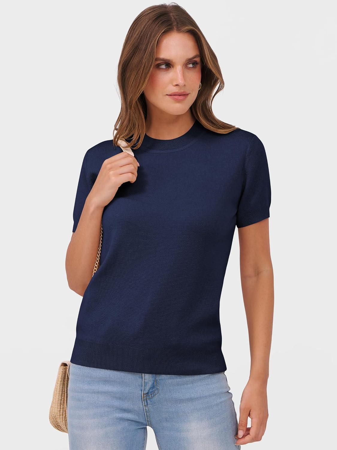 imageANRABESS Womens Short Sleeve Sweaters Wool Blend Crew Neck Sweater Shirts Business Casual Work Tops 2025 Summer OutfitsNavy Blue