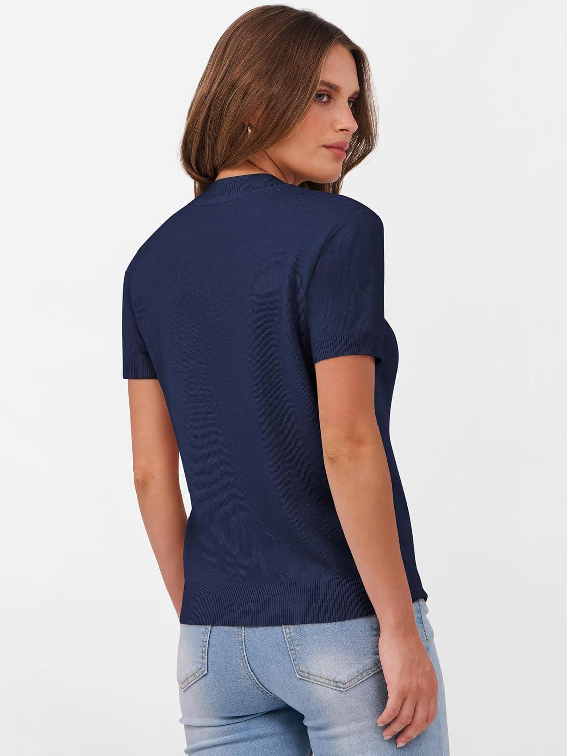imageANRABESS Womens Short Sleeve Sweaters Wool Blend Crew Neck Sweater Shirts Business Casual Work Tops 2025 Summer OutfitsNavy Blue
