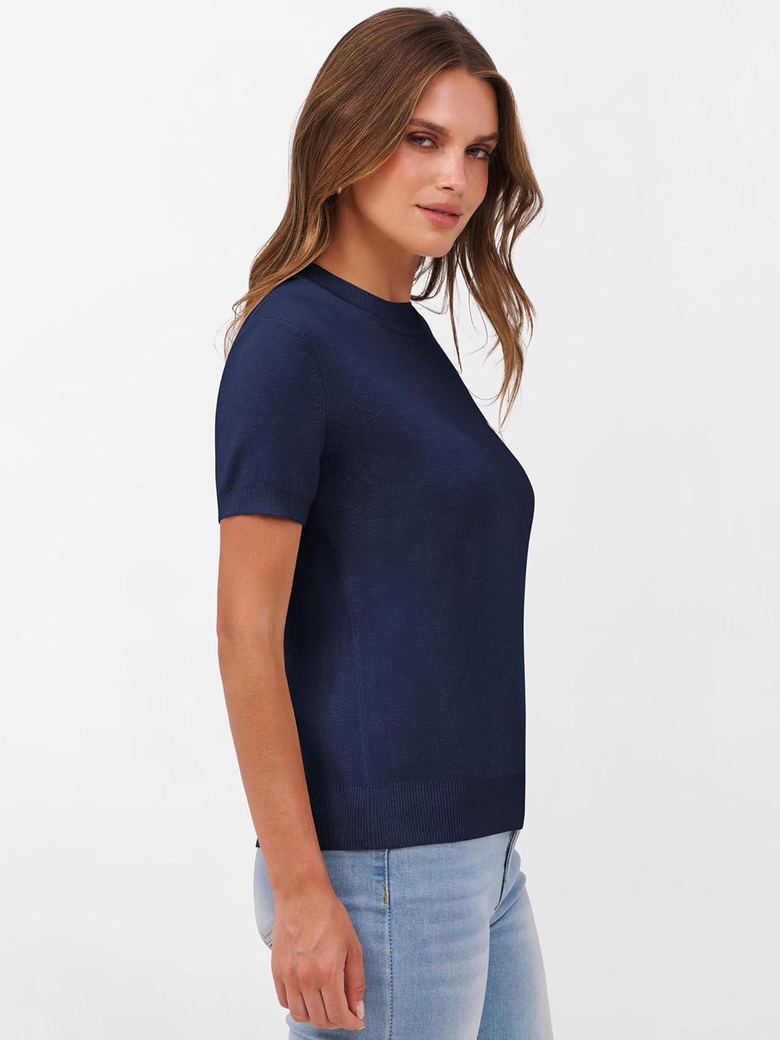imageANRABESS Womens Short Sleeve Sweaters Wool Blend Crew Neck Sweater Shirts Business Casual Work Tops 2025 Summer OutfitsNavy Blue